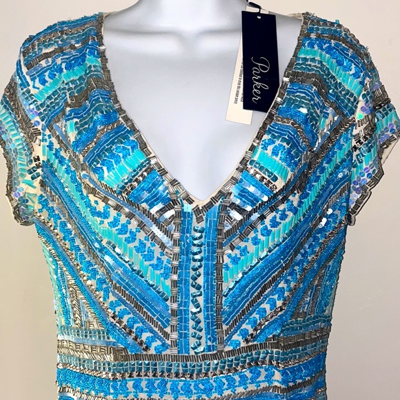NWT Parker heavily beaded embellished sequin  vneck turquoise blue mini dress - Picture 2 of 12